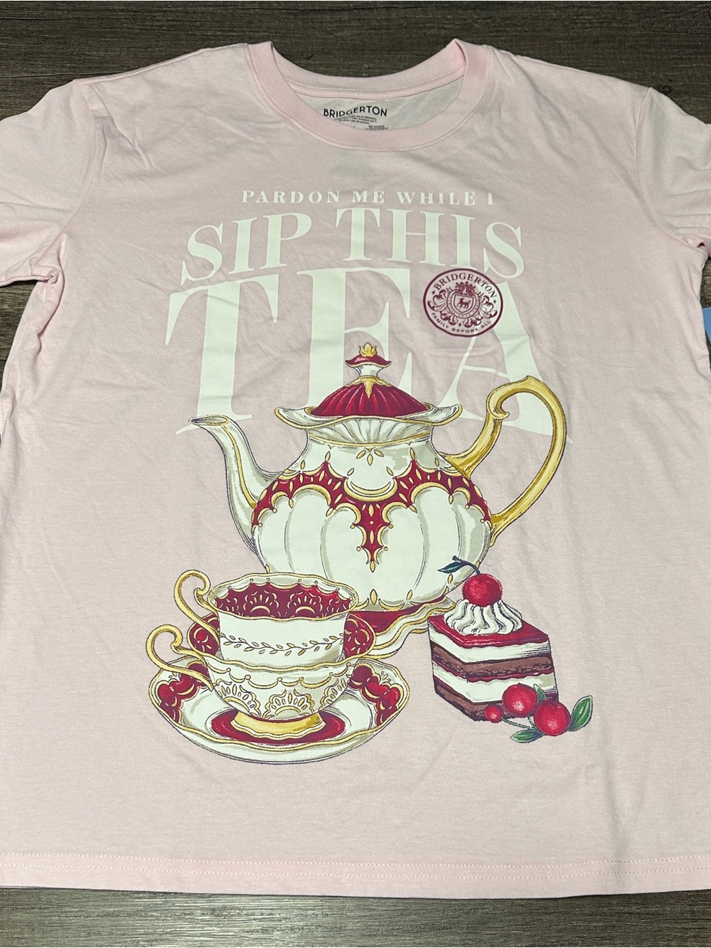 Bridgerton Pardon Me While I Sip This Tea Pink Graphic Crew Neck Tee XL